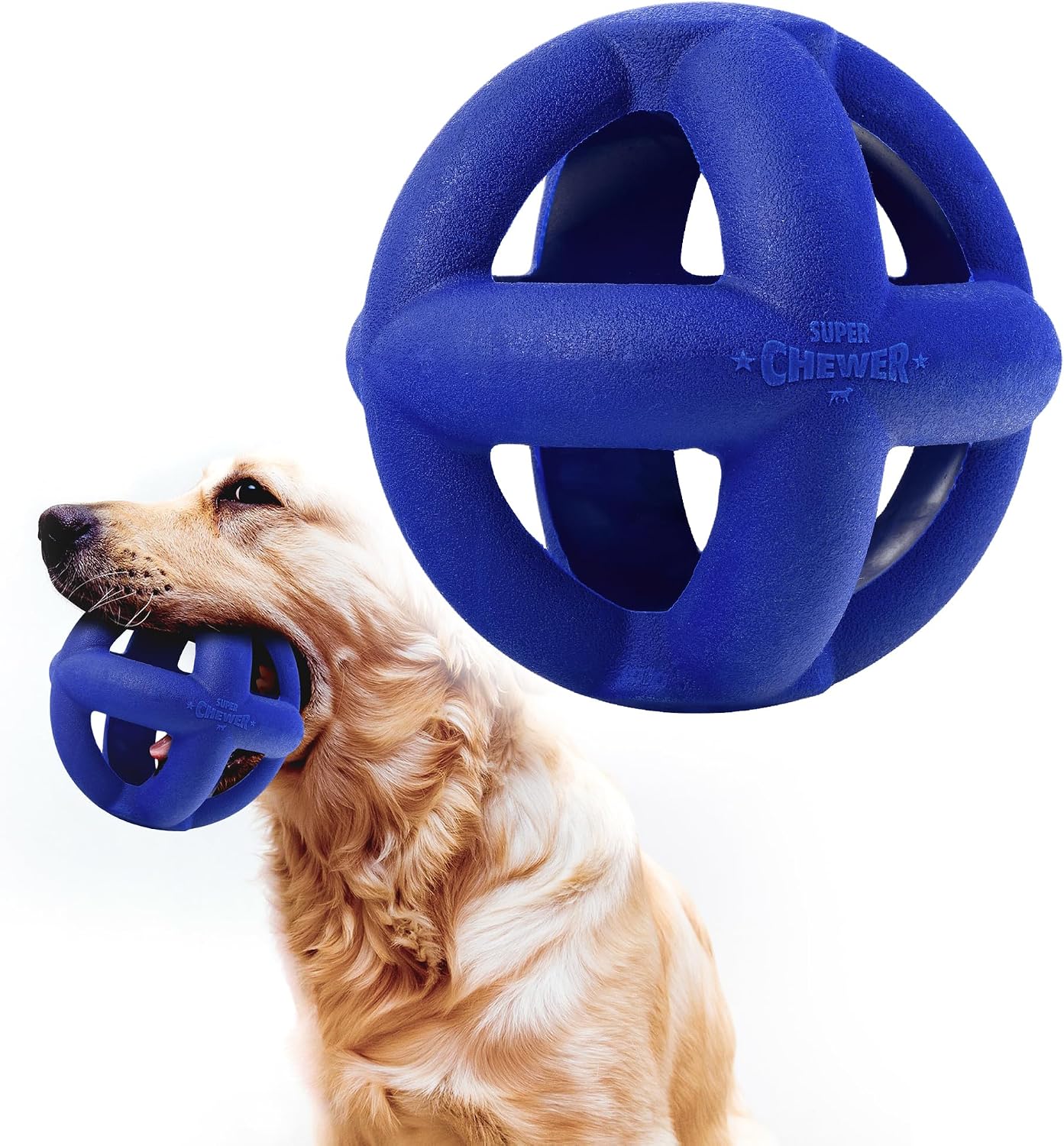 SuperChewer Tough Dog Cage Ball Toy, Strong Natural Rubber, Ultra Durable Chew Toy for Large Breeds