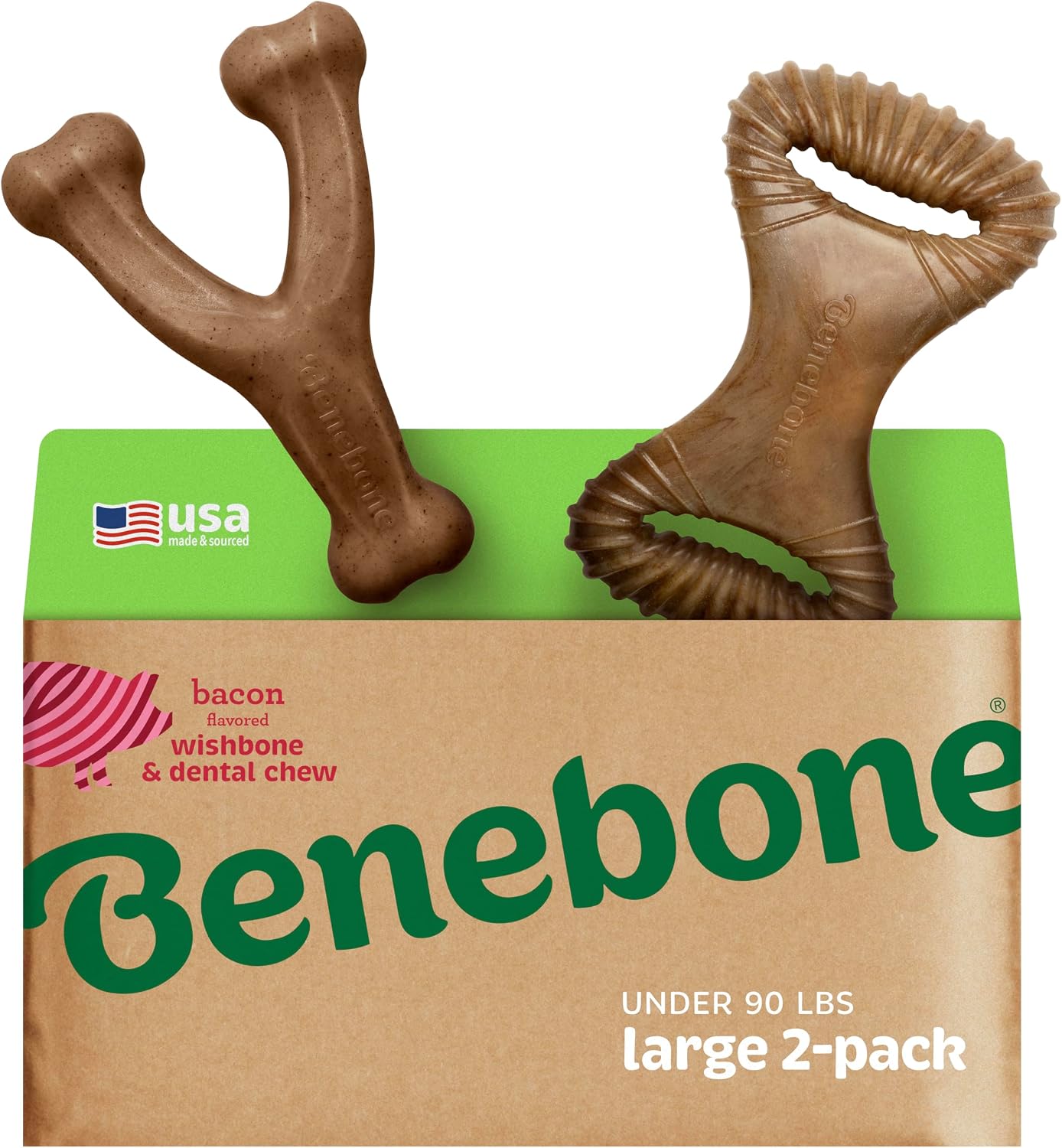 Benebone 2-Pack Wishbone and Dental Durable Dog Chew Toys, Real Bacon, Large